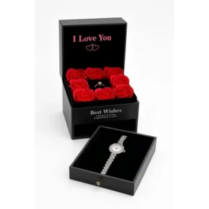 Set cadou Luxury cu trandafiri din săpun, ceas și inel reglabil – 8 trandafiri roșii