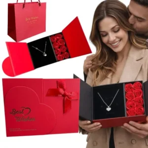 Cadou romantic „Best Wishes” – inimă cu trandafiri din săpun + colier